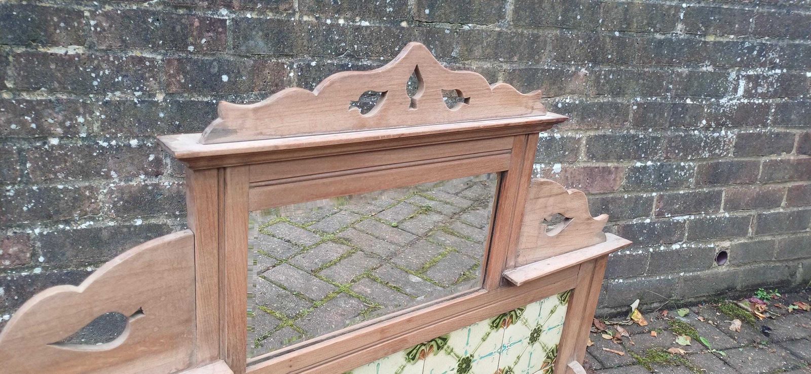 photo for sale Huge Victorian Washstand Back Original Art Nouveau Majolica Tiles Carved Mirror Overmantel Antique Salvaged Mantelpiece Free Hand Delivery