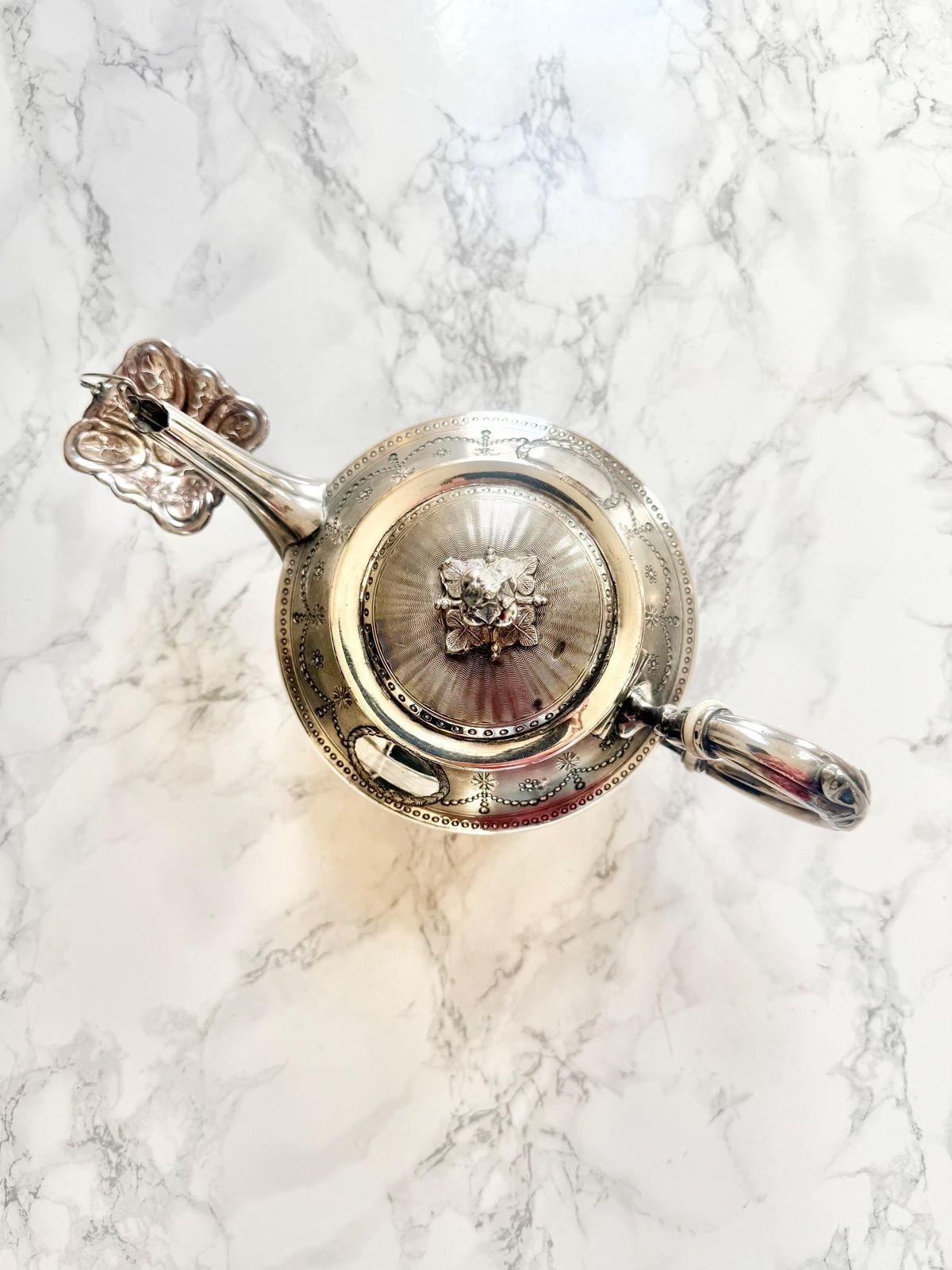 Antique French Edwardian Silver Plated Teapot Fine Etched And Embossed Decor Circa 1900 photo vinterior