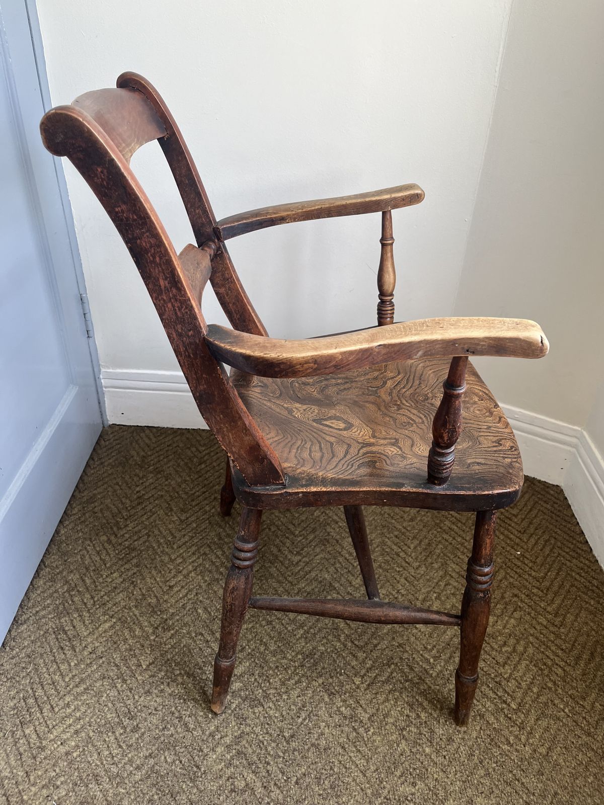 Victorian Oxford Windsor Scroll Back Farmhouse Elbow Arm Chair, 1800s photo 150.0