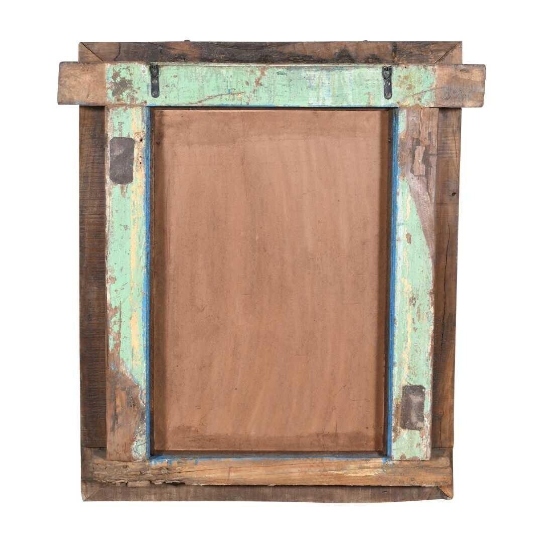 Antique Azure Blue Indian Teak & Iron Jali Window Mirror – Carved 19th Century Frame photo for sale