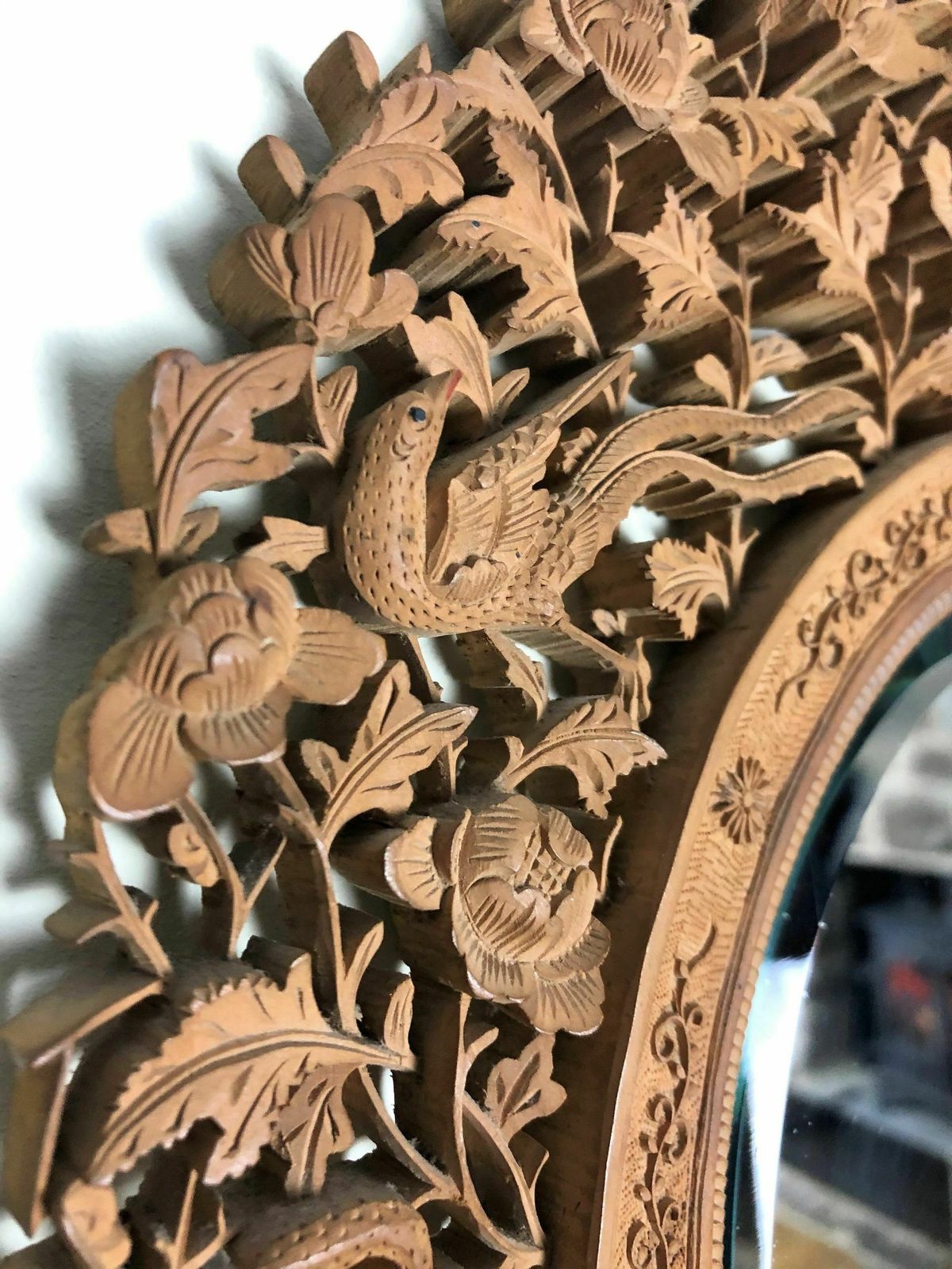 Small Antique Sandlewood Chinese Mirror Featuring Squirrels And Birds photo furniture