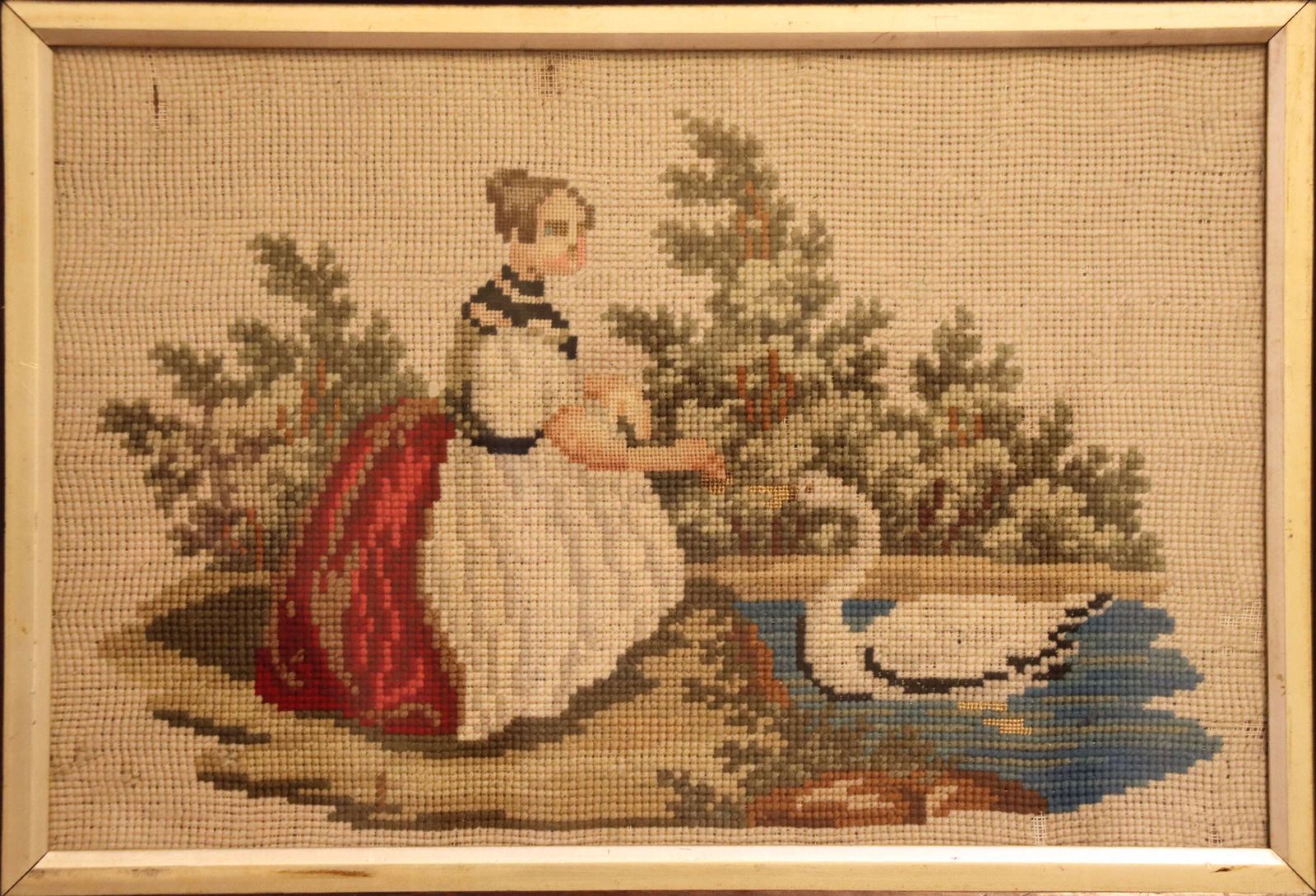 Mid 19th Century Gros Point Needlework – Girl Feeding A Swan, Circa 1860 photo furniture