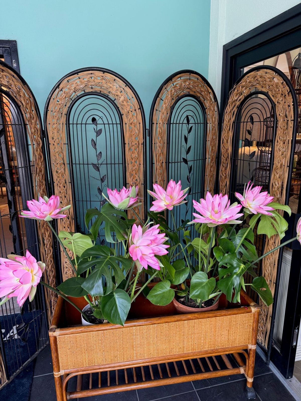 A 1970s Woven Rattan And Metal Four Panelled Room Divider Screen photo furniture
