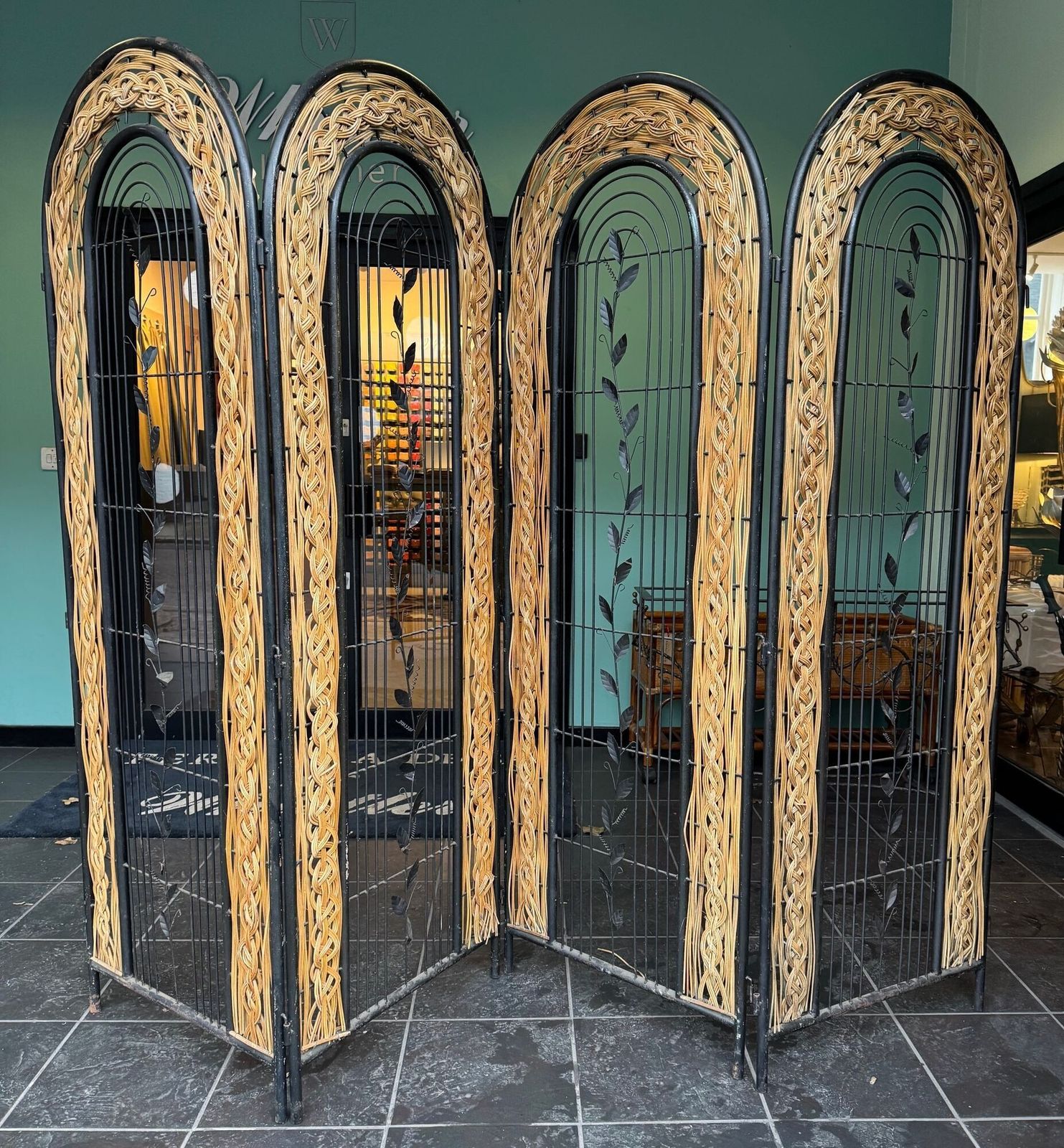 A 1970s Woven Rattan And Metal Four Panelled Room Divider Screen photo for sale