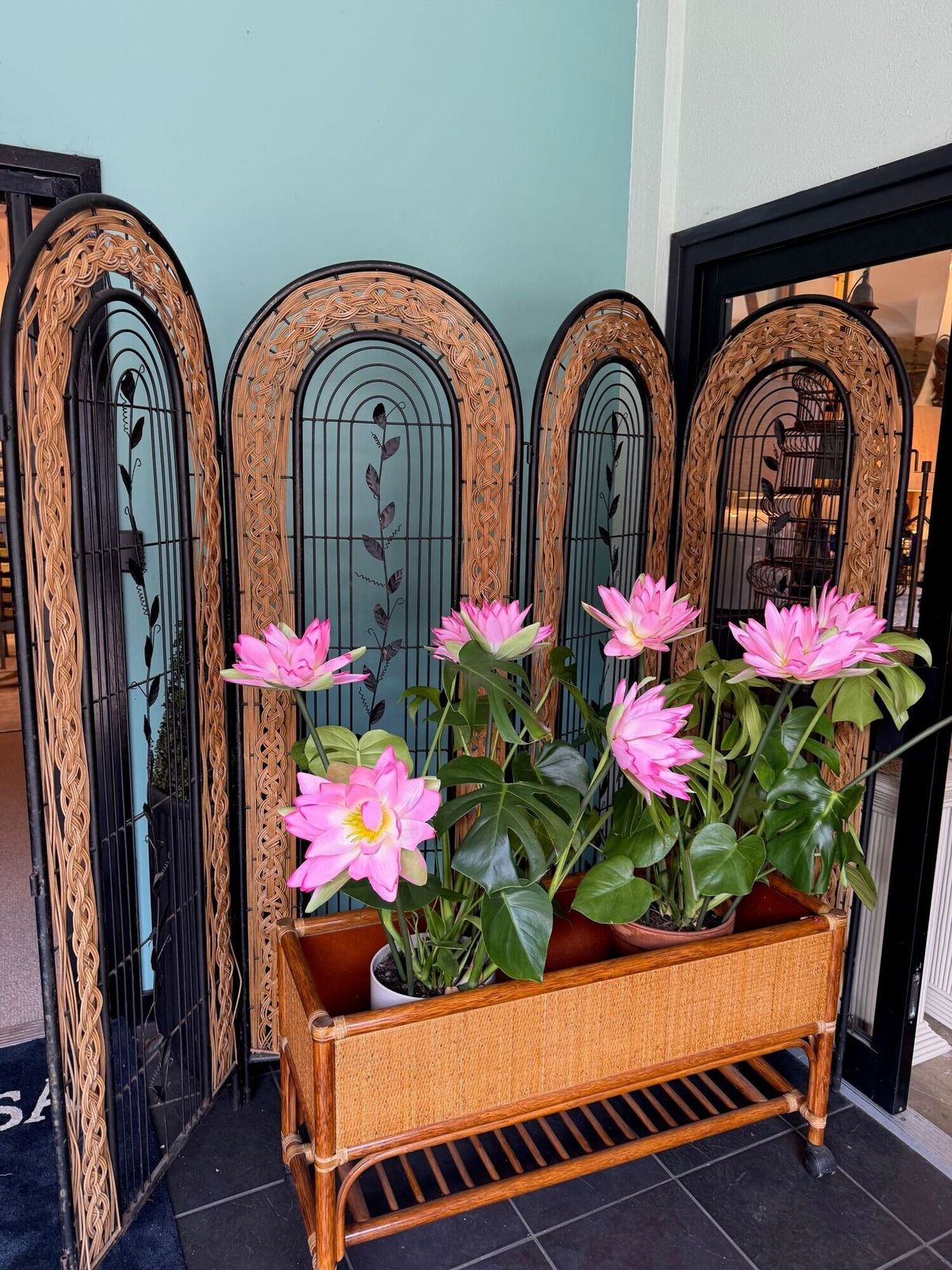 A 1970s Woven Rattan And Metal Four Panelled Room Divider Screen photo vintage