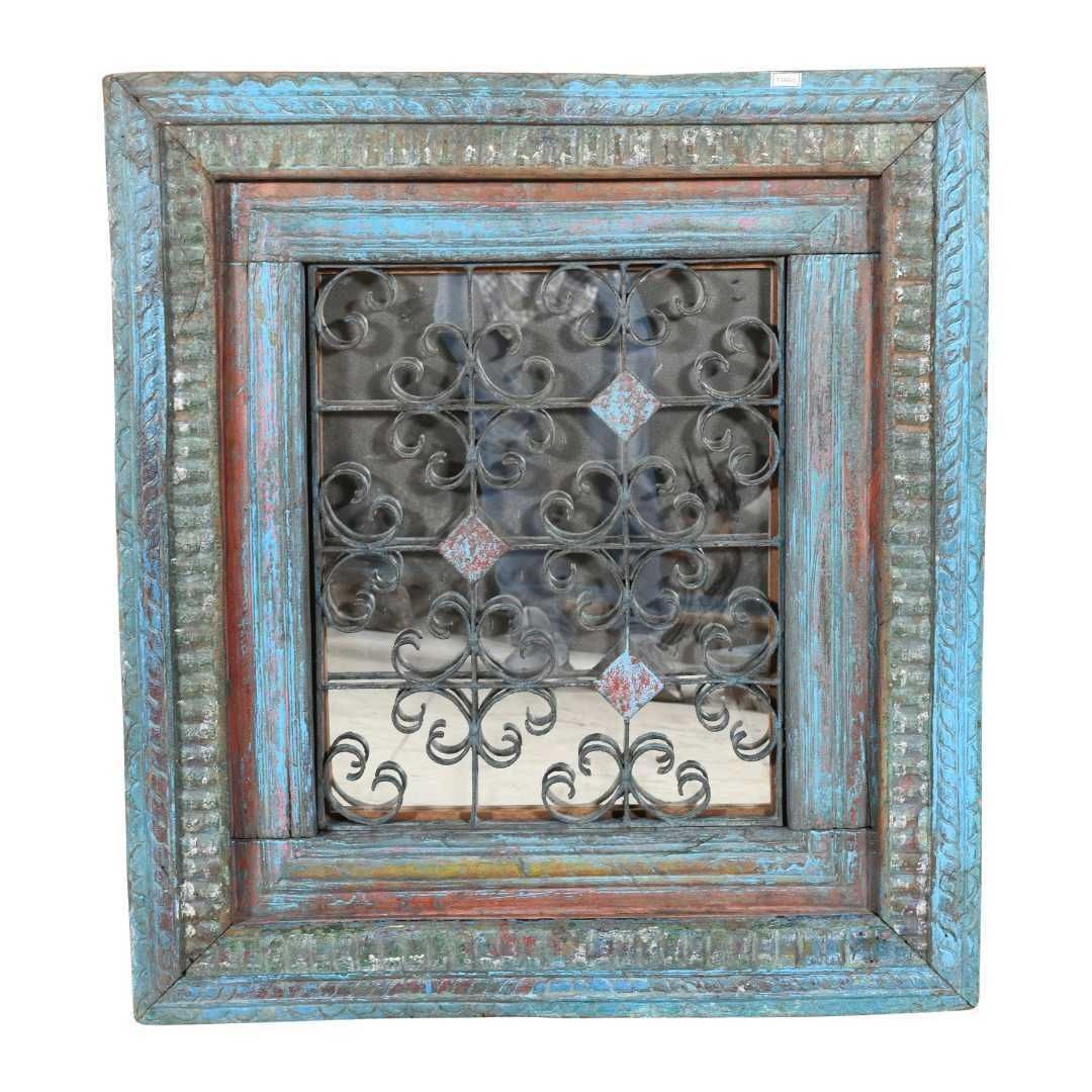 Antique Azure Blue Indian Teak & Iron Jali Window Mirror – Carved 19th Century Frame