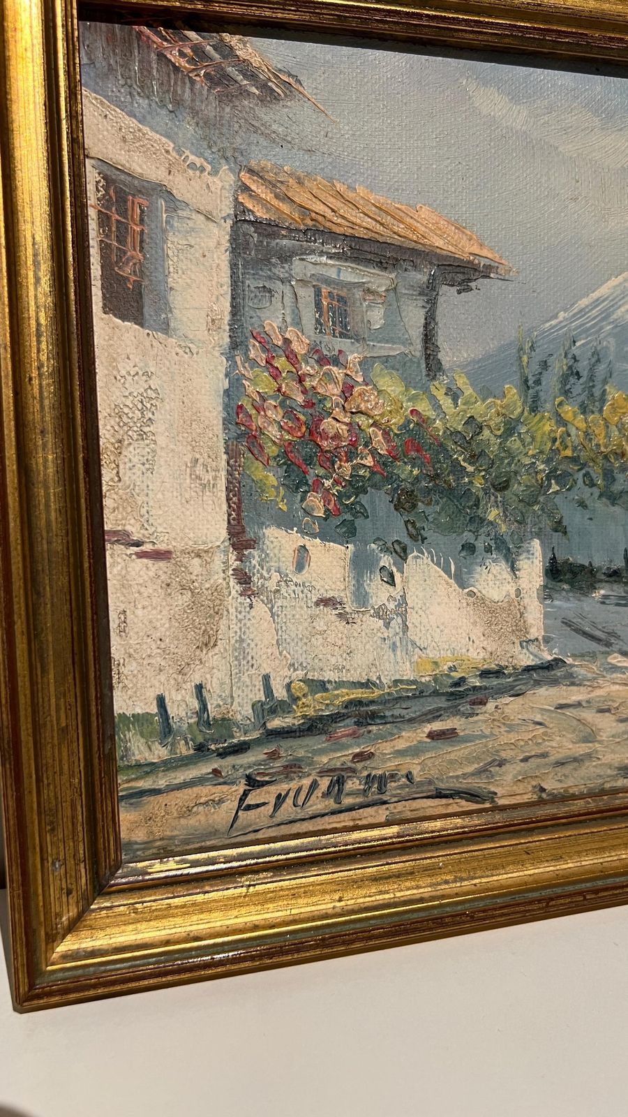 Charming Mid Century Oil Painting Of Village House With Mountain View photo Art