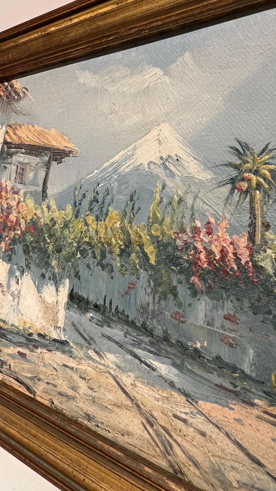 Charming Mid Century Oil Painting Of Village House With Mountain View photo vintage