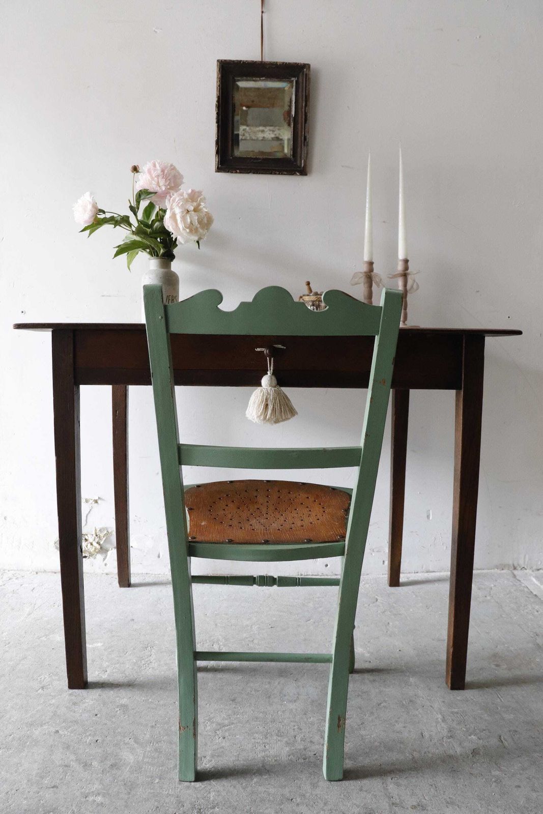 Pretty Green Painted Vintage Chair With Stripped Pierced Star Pattern Seat photo furniture