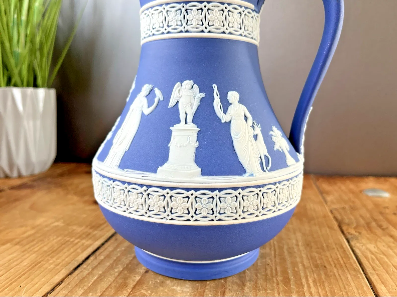 photo for sale 19th C Wedgwood Cobalt Blue Jasperware Neoclassical Cherub Pitcher Jug