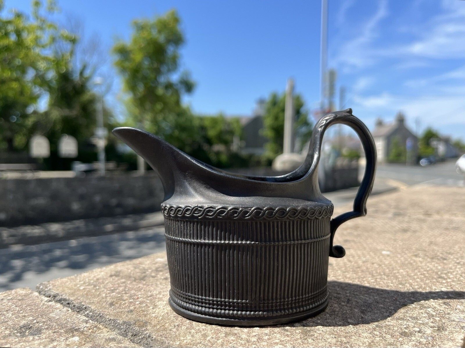 Antique 19th Century Black Basalt Ribbed Acanthus Leaf Creamer Jug Wedgwood