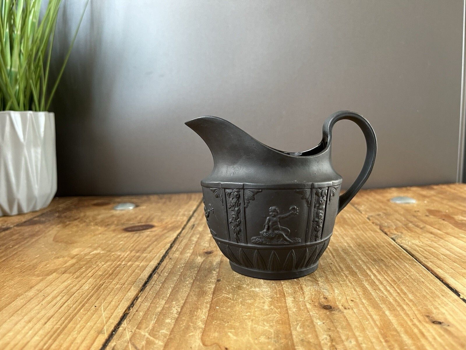 Antique 19th Century Black Basalt Cherub Acanthus Leaf Creamer Jug Wedgwood