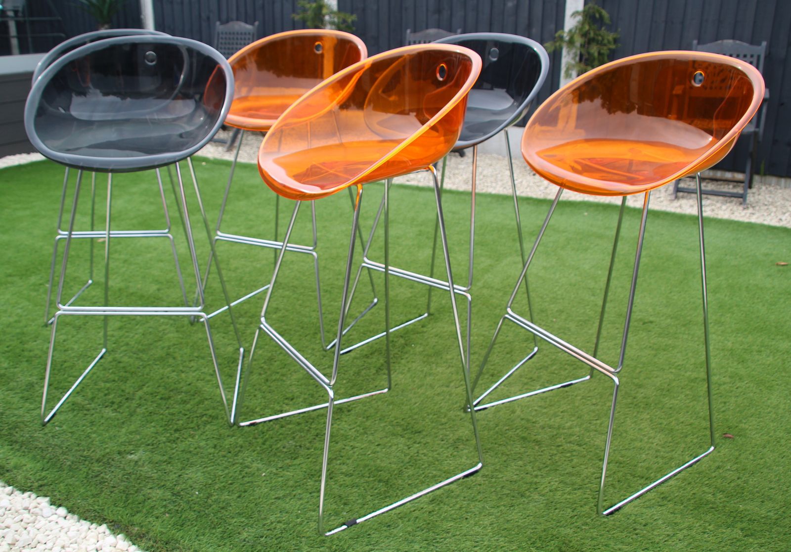 photo buy Set Of 6 Pedrali Gliss Designer Stools. Italian Smoked Grey And Orange Bar Stools