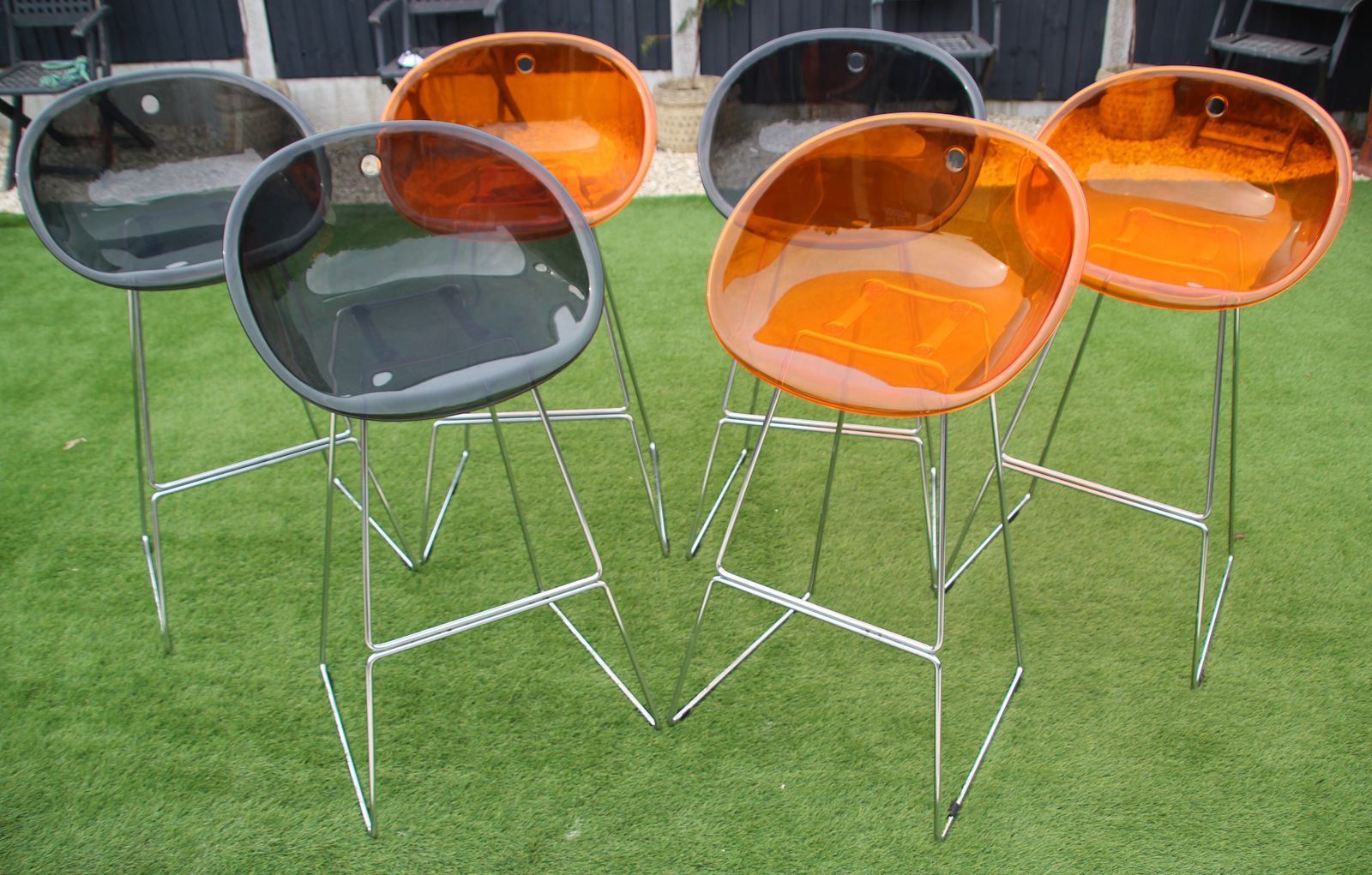 Set Of 6 Pedrali Gliss Designer Stools. Italian Smoked Grey And Orange Bar Stools