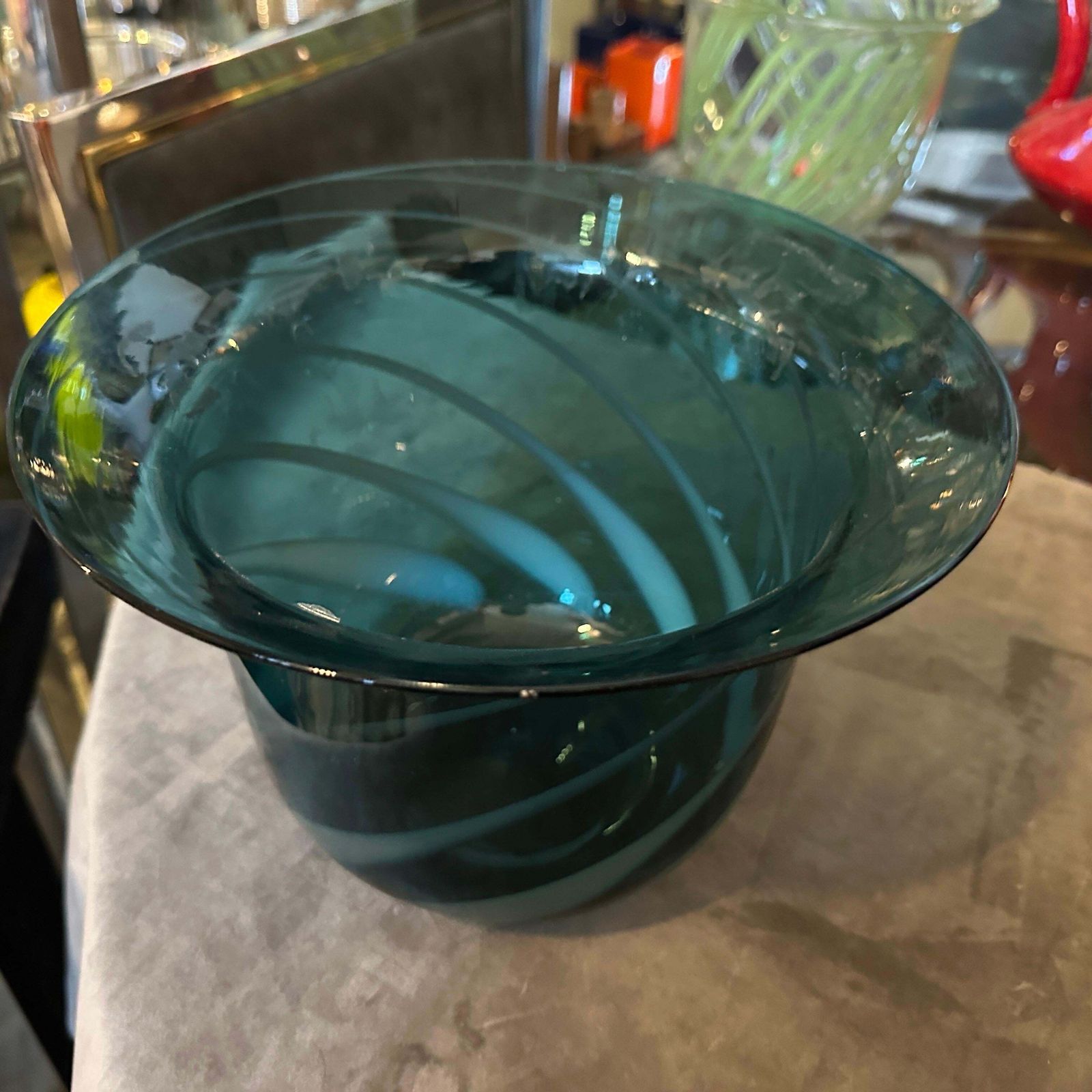 1980s Modern Hand Blown Green And Gray Murano Glass Vase By Venini photo vintage