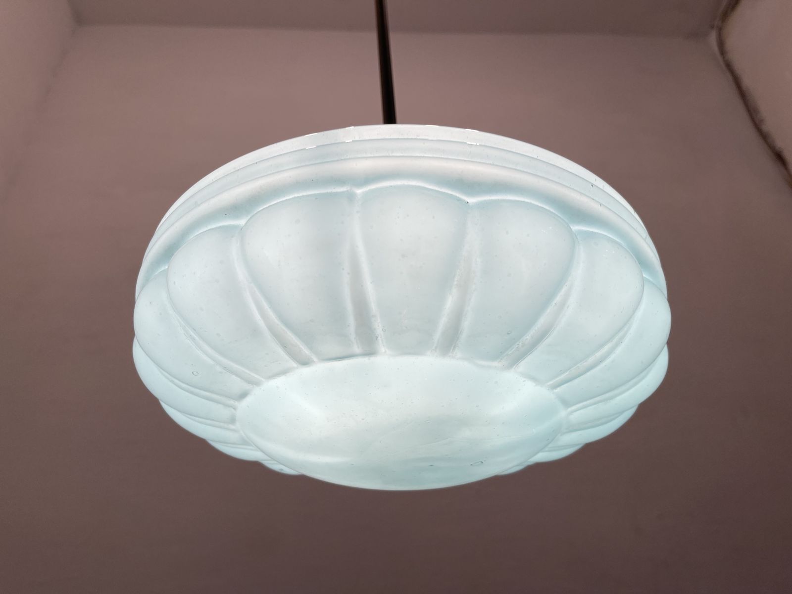 Mid Century Blue Opaline Glass Pendant Light With Brass Fittings photo vinterior