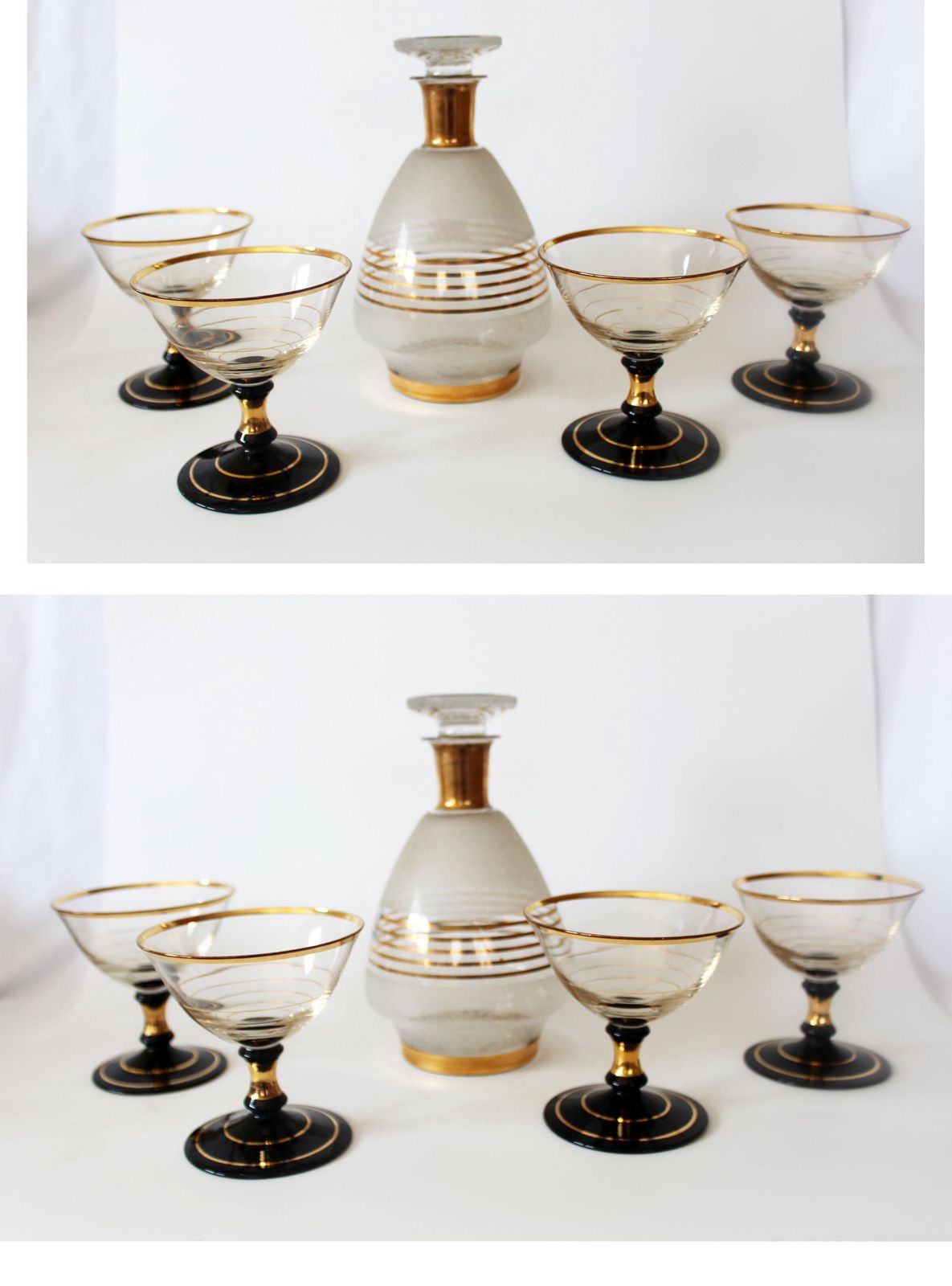 photo for sale Art Deco Vintage Decanter Set With 4 Glasses, Laeken Belgium Half Crystal Glass Carafe, 4 Champagne Cordial Glasses, Gold Rims