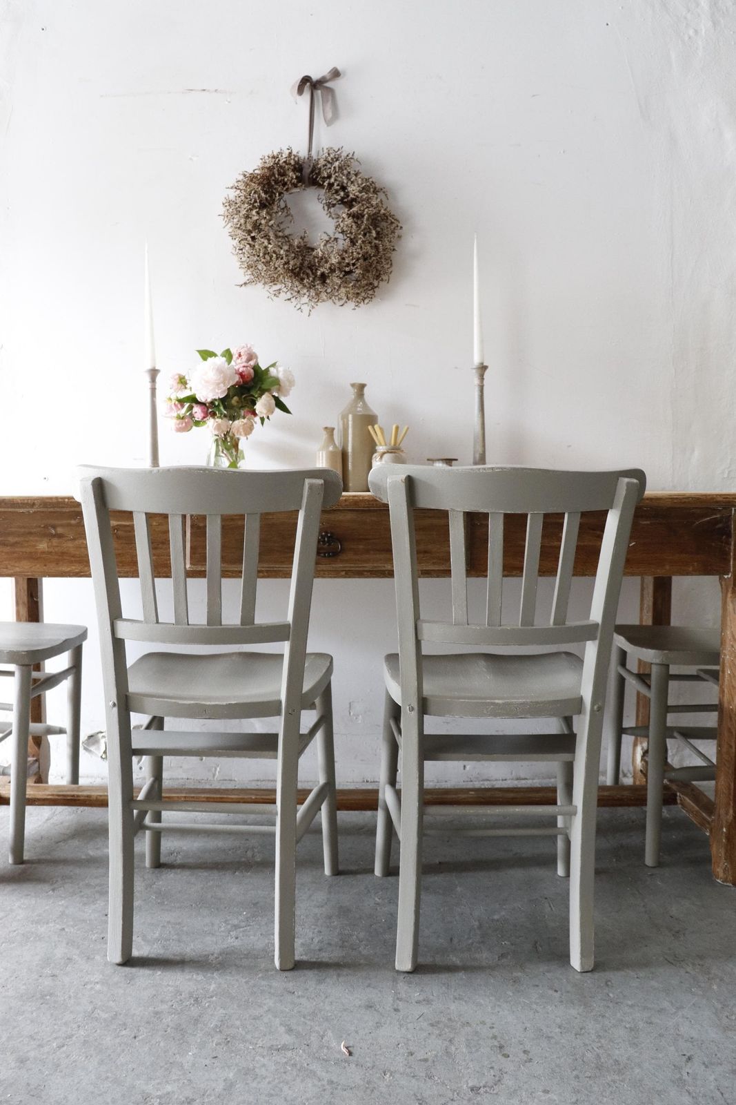Set Of Four Zinc Grey Painted Vintage Chapel Chairs photo Furniture