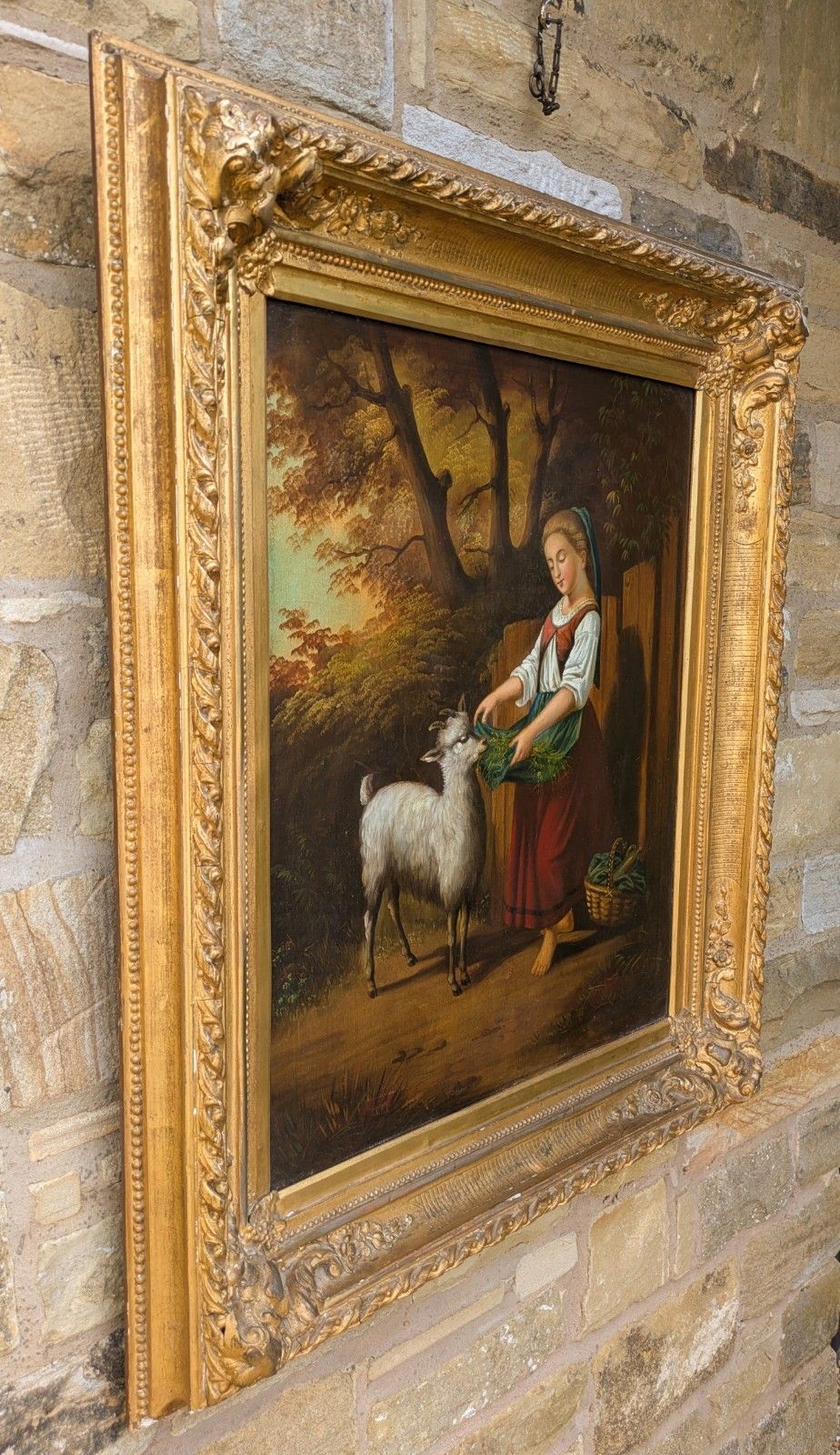 photo for sale Antique Oil Painting Girl And Goat 19th Century Manner Of Hermann Werner
