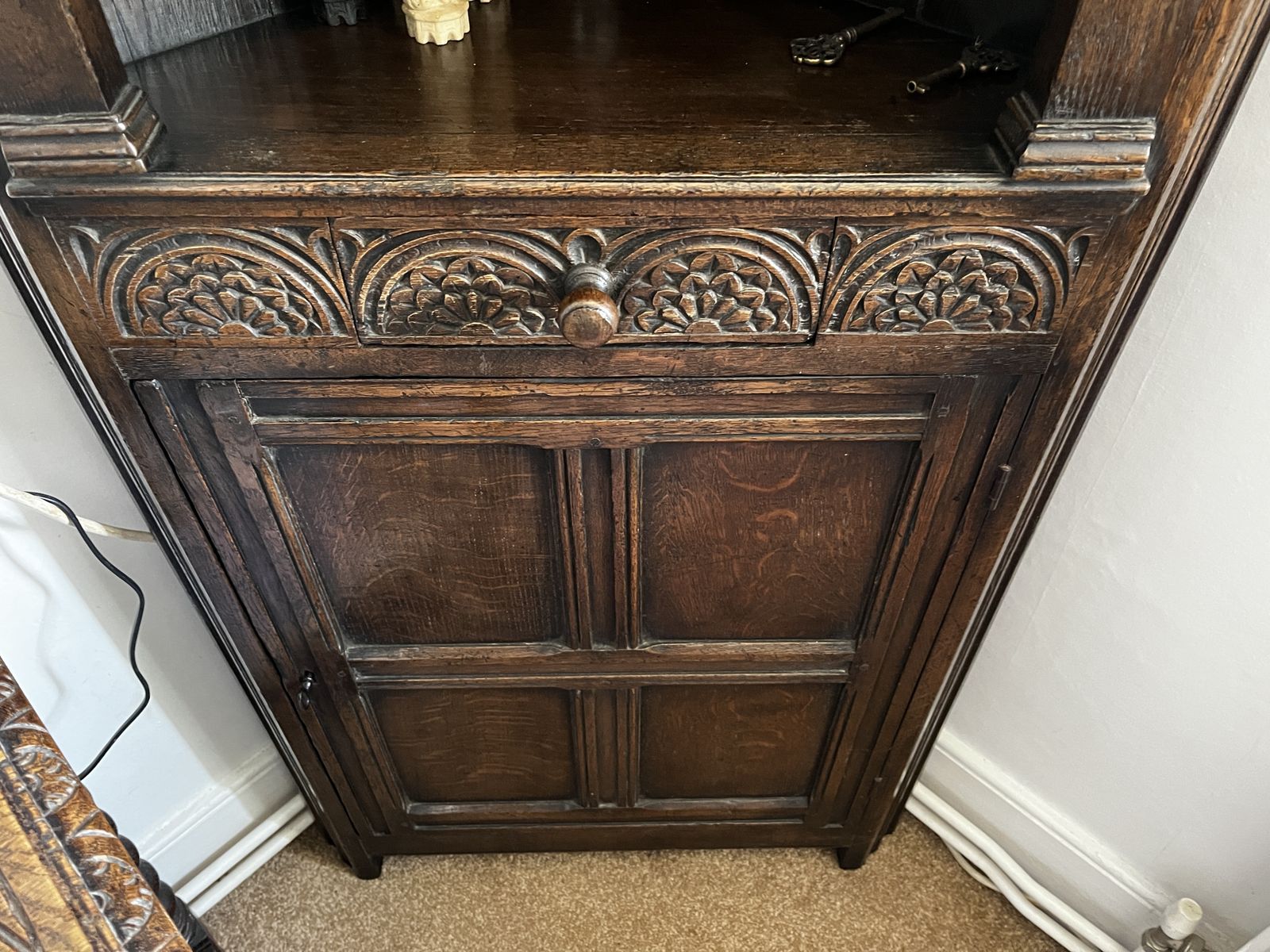 Antique Oak Corner Cabinet 20th Century With Moon Carvings photo Furniture