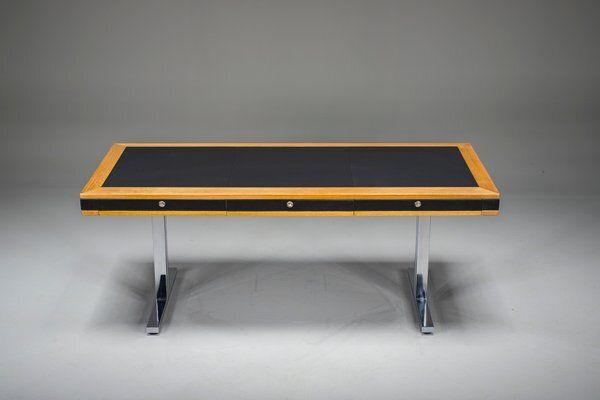 photo vinterior Mid Century Modern Oak And Chrome Desk With Leather Top, 1980s