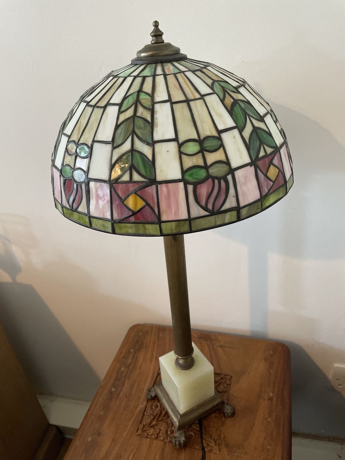 Mid Century Tiffany Stained Glass Desk Lamp With Brass And Marble Stand photo 150.0