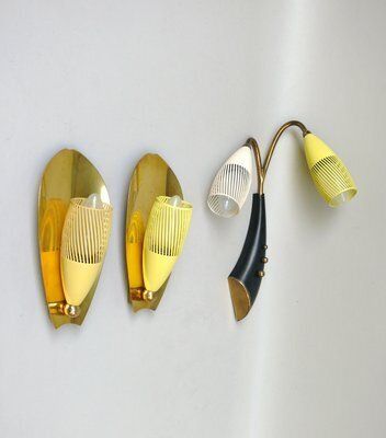 Brass, Yellow, Beige And Black Wall Lamp Set From Gebrüder Cosack, 1950s, Set Of 8 photo Lighting