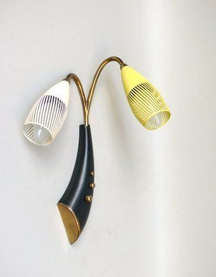 Brass, Yellow, Beige And Black Wall Lamp Set From Gebrüder Cosack, 1950s, Set Of 8 photo vintage