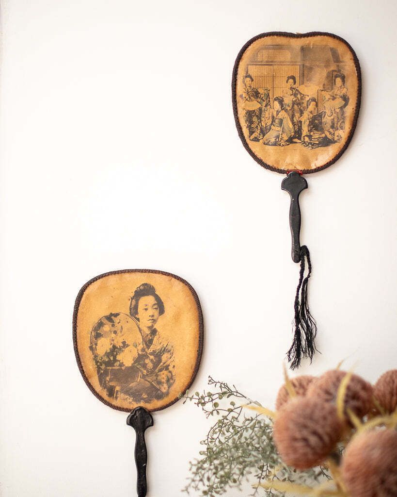 Antique Japanese Lacquered Geisha Girl Fan / Wall Art photo vinterior