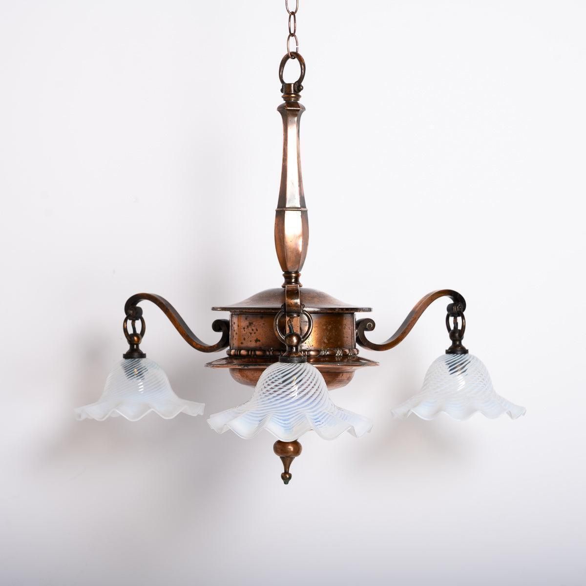 photo for sale Large Copper Three Branch Chandelier With Jelly Opalescent Glass Shades By Gec