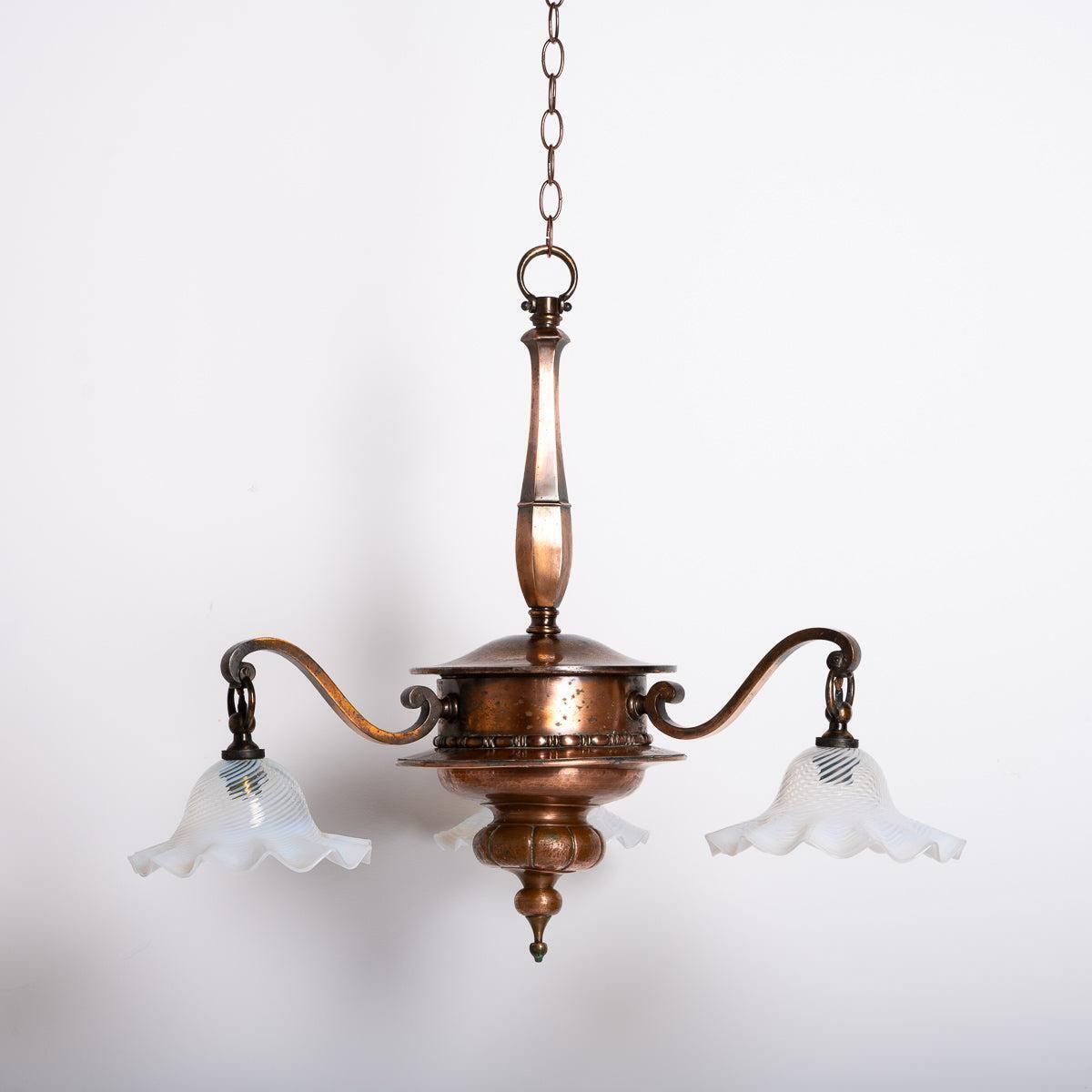 695.0 Large Copper Three Branch Chandelier With Jelly Opalescent Glass Shades By Gec photo