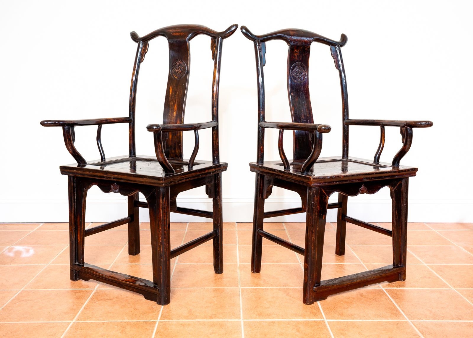 Antique Chinese Armchairs Pair Official Hat Yoke Back Lacquered Red 19th Century Carved Swastika Motifs Ming Qing Orienta.L Hall Chairs Country House photo for sale