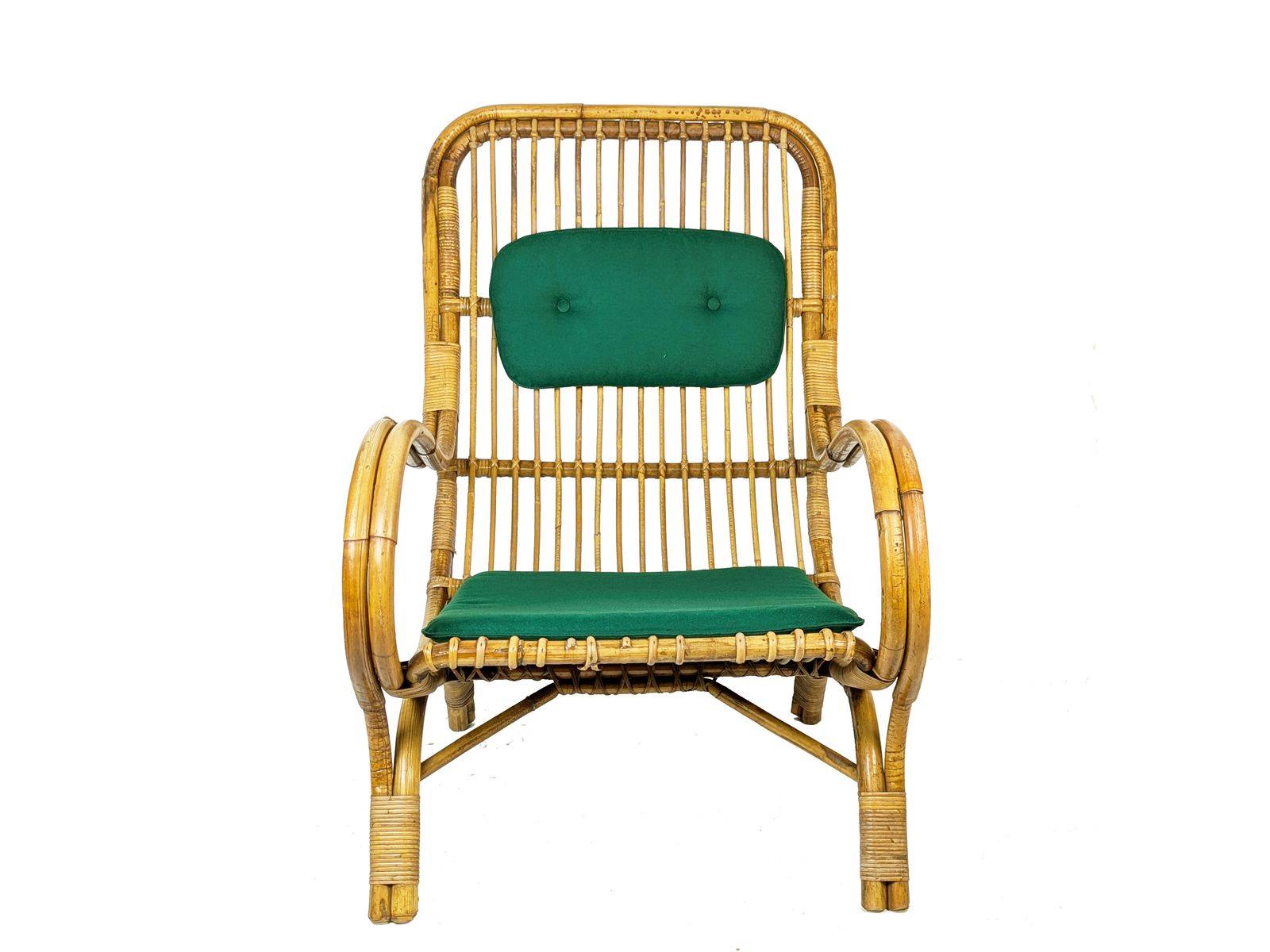 Mid Century Italian Armchairs In Rattan, Rush & Green Fabric, 1960s photo 900.0