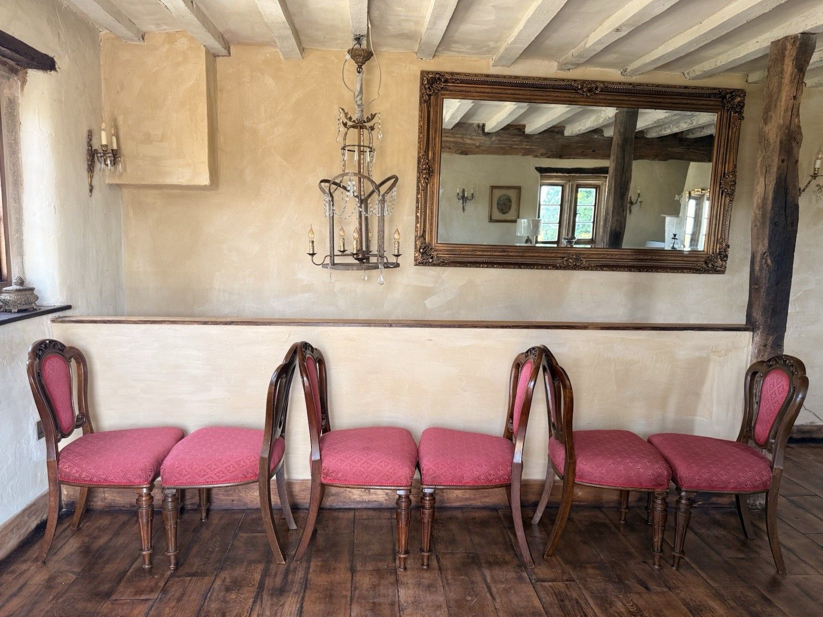 photo for sale Original English Antique Oak Victorian Matching Dining Pink Chairs Set Of 6