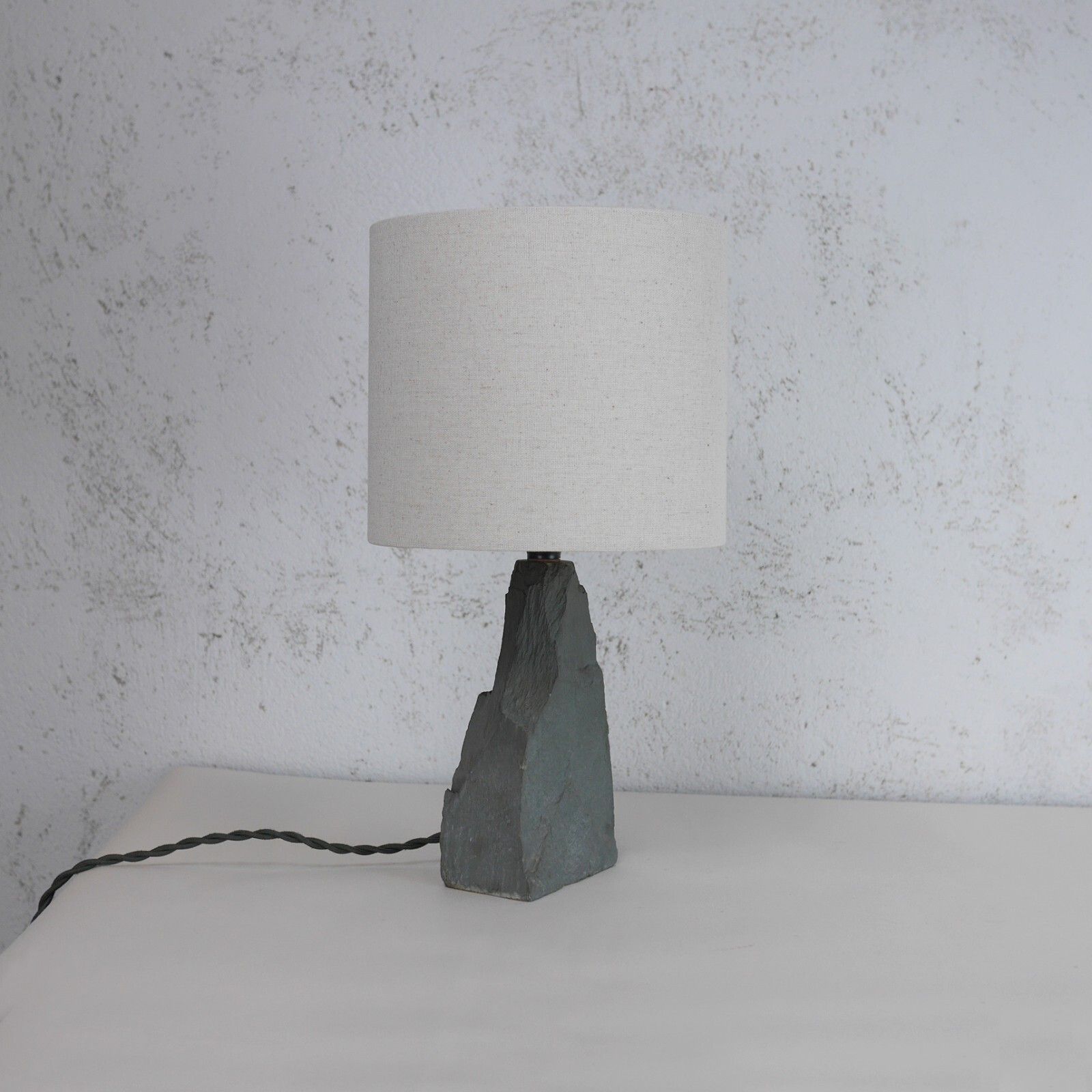 Vintage Mid Century Natural Slate Brutalist Table Lamp Linen Shade #102888 photo for sale