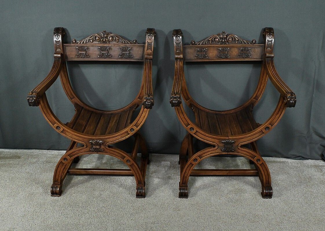 Pair Of Dagobert Walnut Armchairs, Medieval Style – Late 19th Century photo for sale