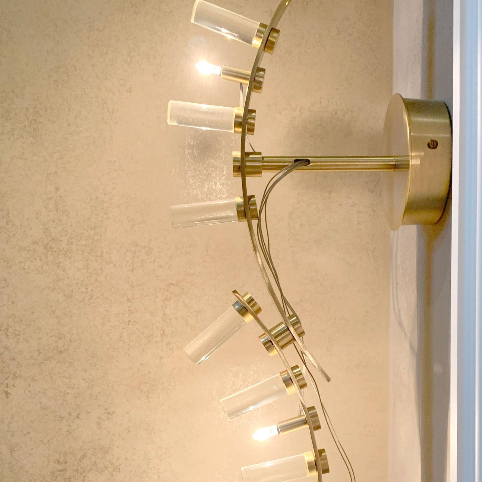 Set Of Six Gold Plated Brass And Murano Glass Wall Lights By Baroncelli Flexus Fosco, Italy photo buy
