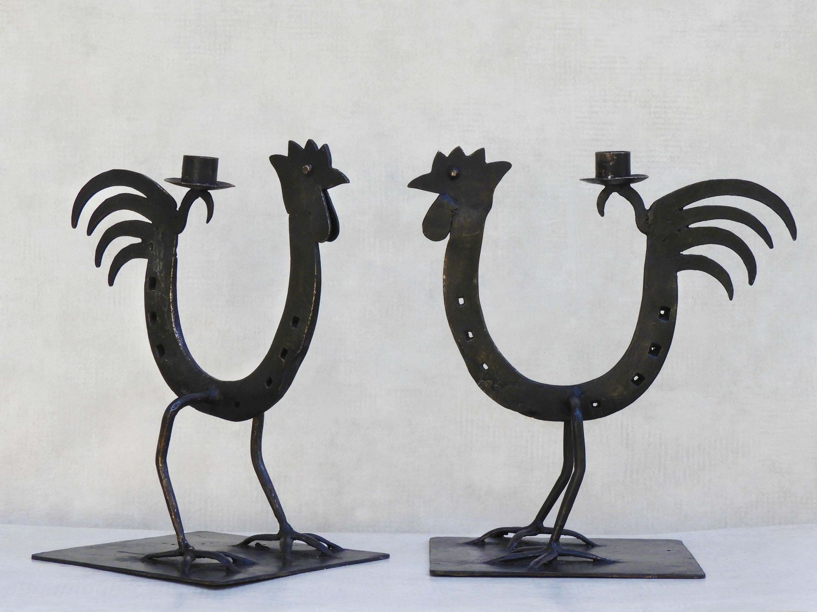 Pair Of French Midcentury Folk Art Ironcockerel/Rooster Candlesticks C1970s photo Home Decor