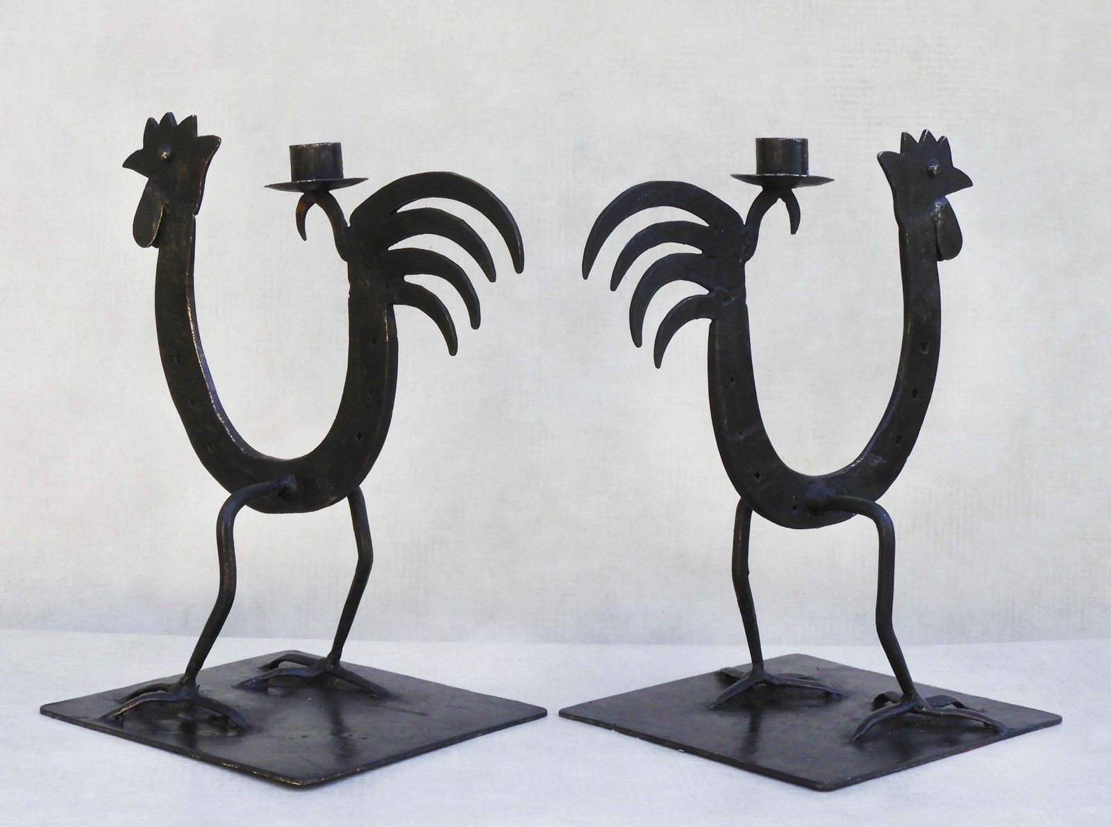 Pair Of French Midcentury Folk Art Ironcockerel/Rooster Candlesticks C1970s photo vinterior