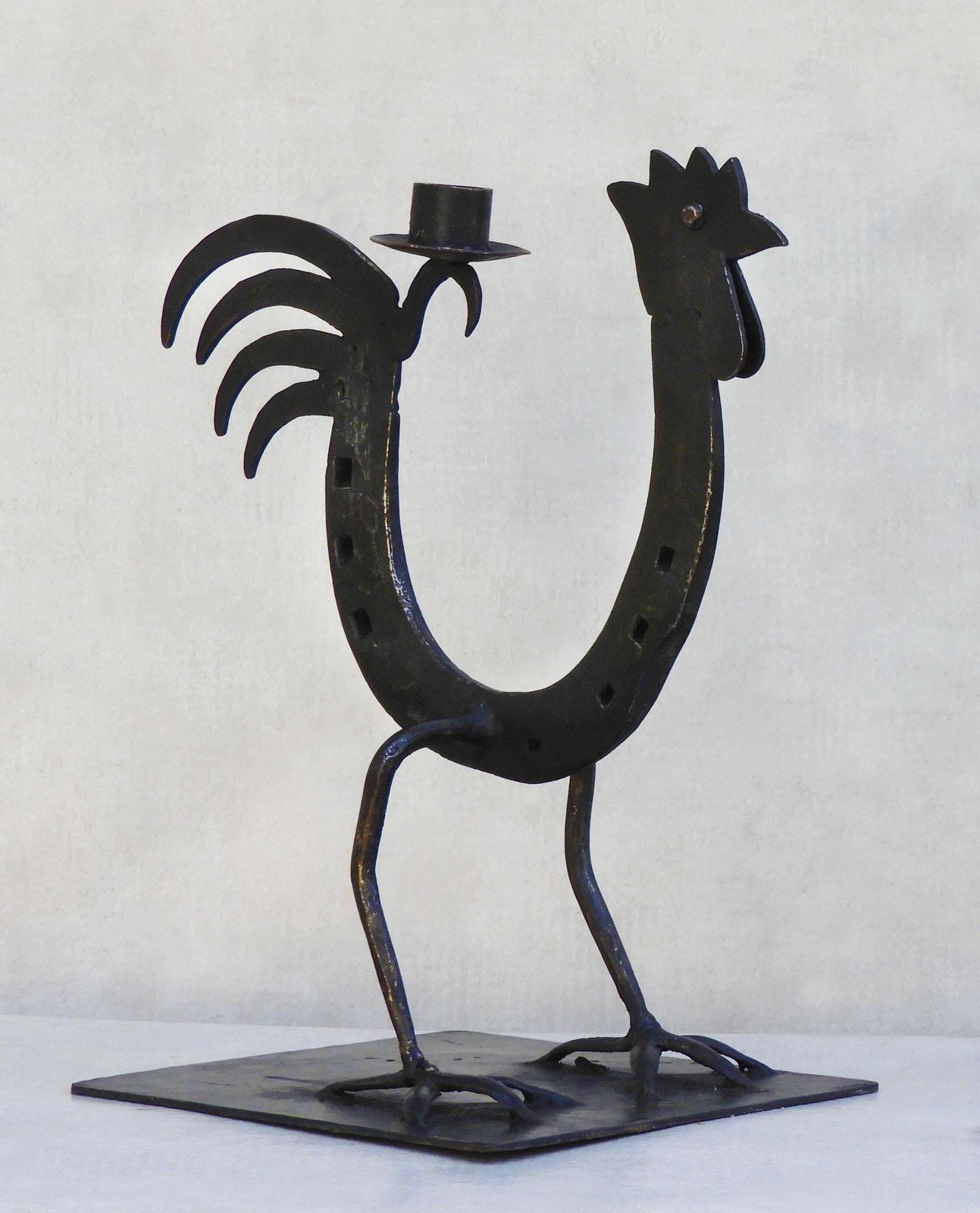 Pair Of French Midcentury Folk Art Ironcockerel/Rooster Candlesticks C1970s photo buy