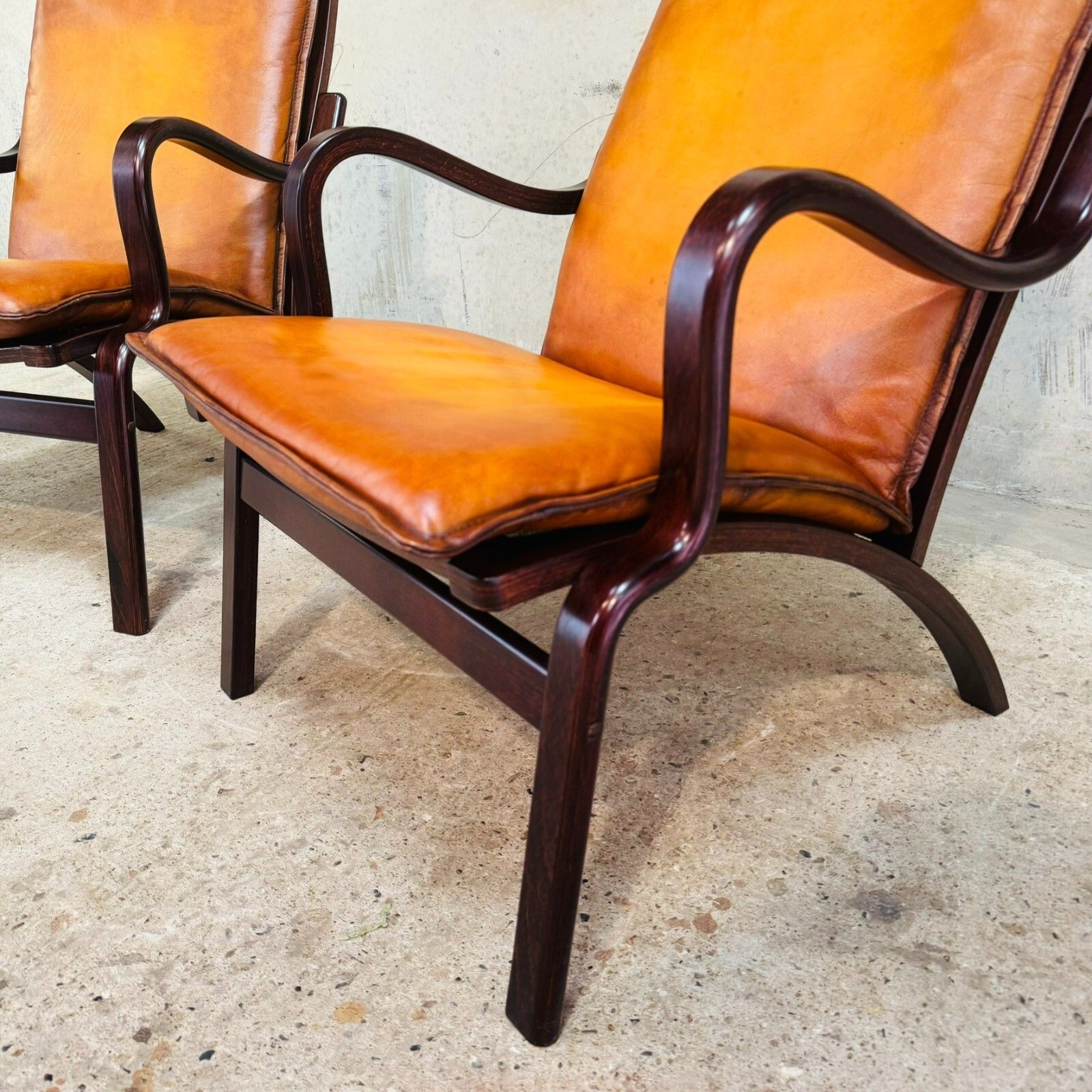 Pair Of Danish Stouby Armchairs – Beech Bentwood Frames, Light Tan Leather #A625 photo buy
