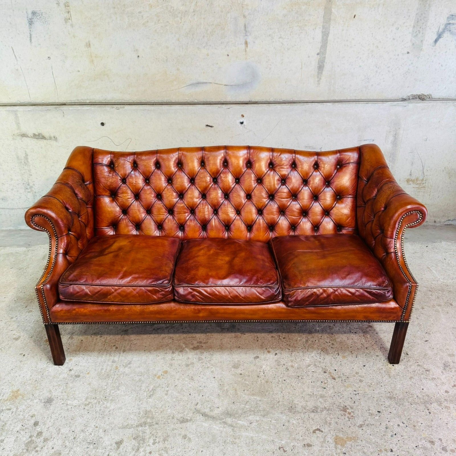 Mid Century English Gainsborough Cognac Leather Chesterfield 3 Seater Sofa #A403 photo for sale