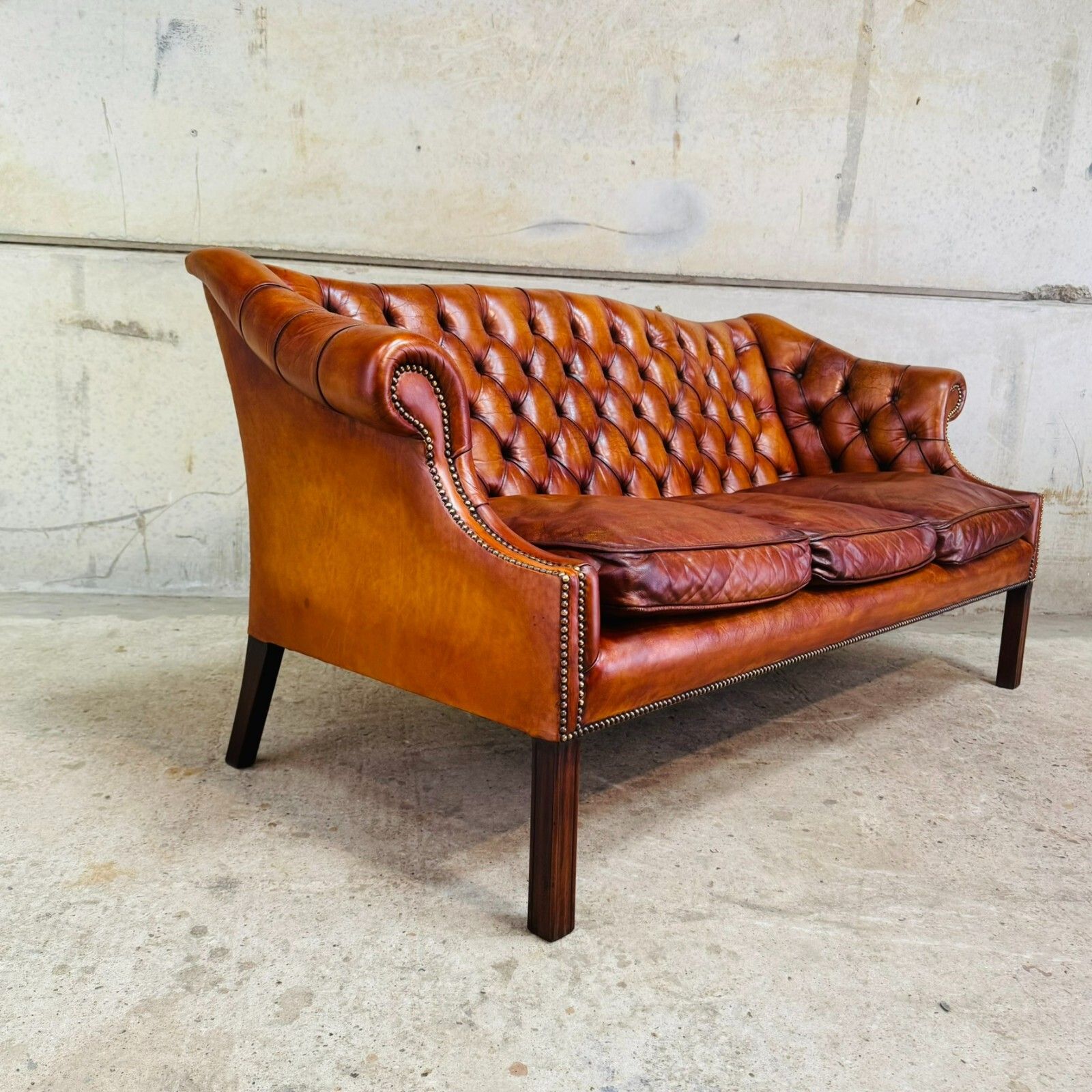 Mid Century English Gainsborough Cognac Leather Chesterfield 3 Seater Sofa #A403 photo Furniture