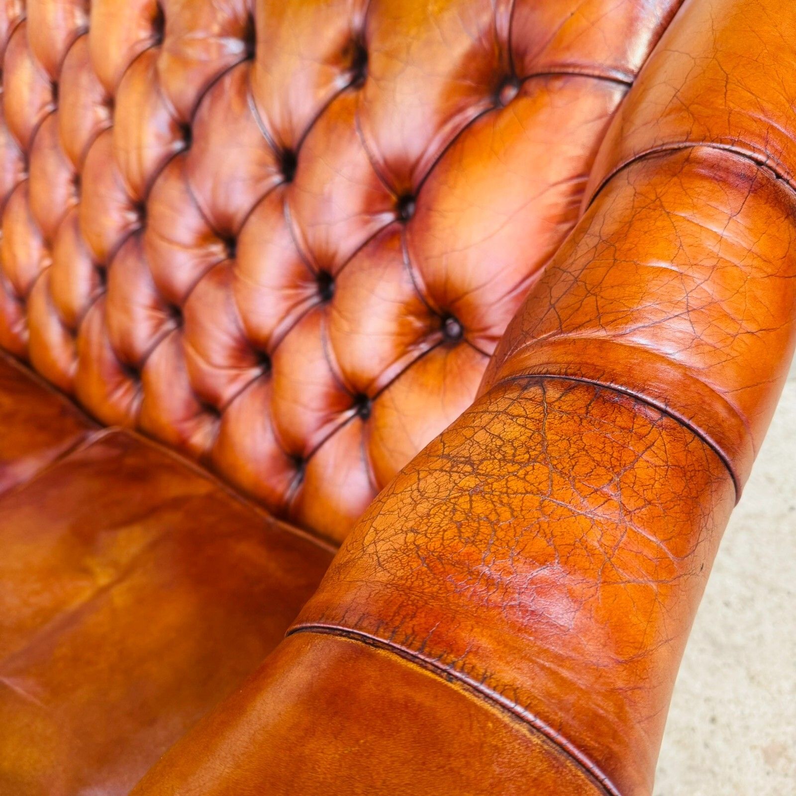 2150.0 Mid Century English Gainsborough Cognac Leather Chesterfield 3 Seater Sofa #A403 photo