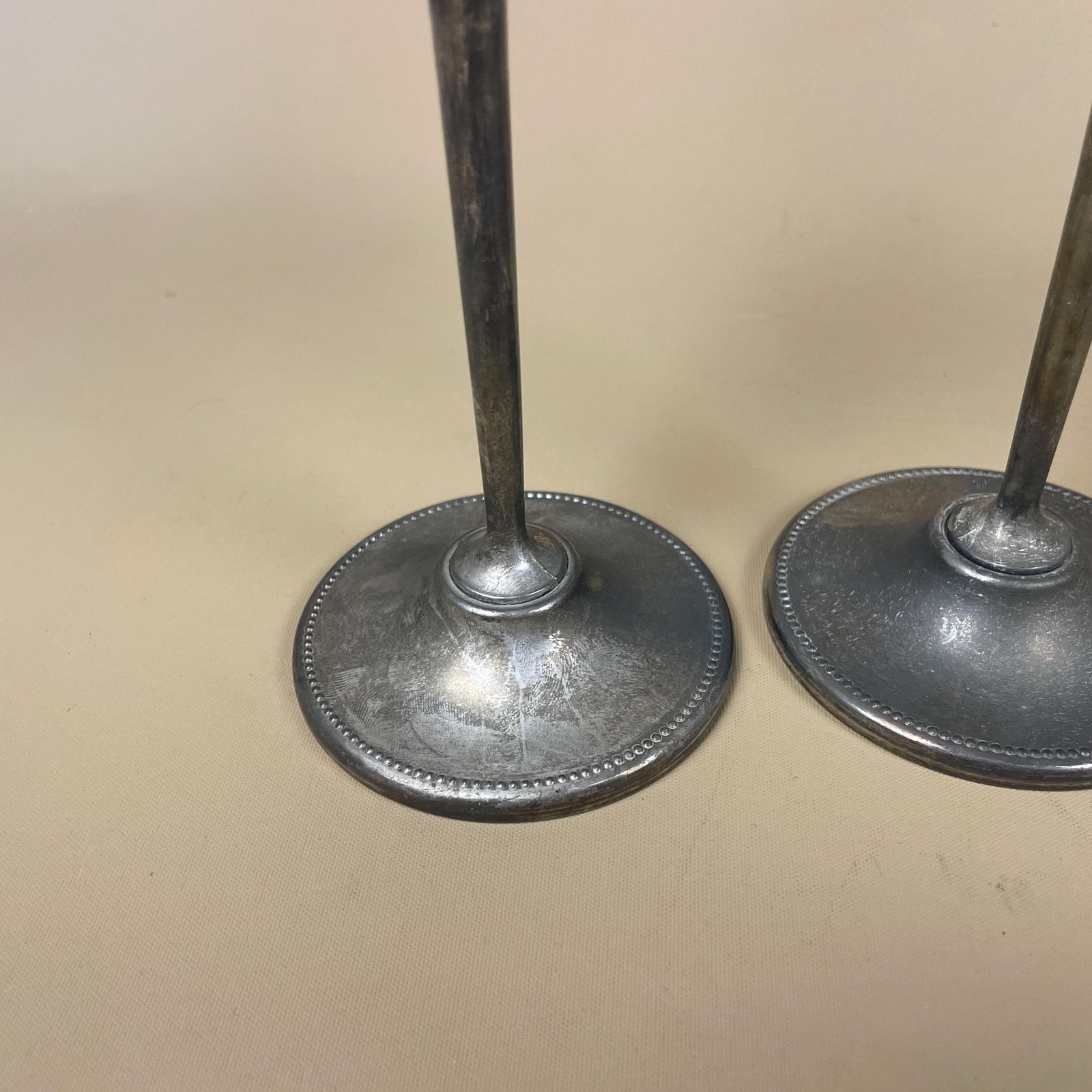 Antique Matching Pair Of Silver Plated Metal Candlestick Candle Stick Vintage Column Taper Dinner Candlesticks Set Round Aged photo Home Decor