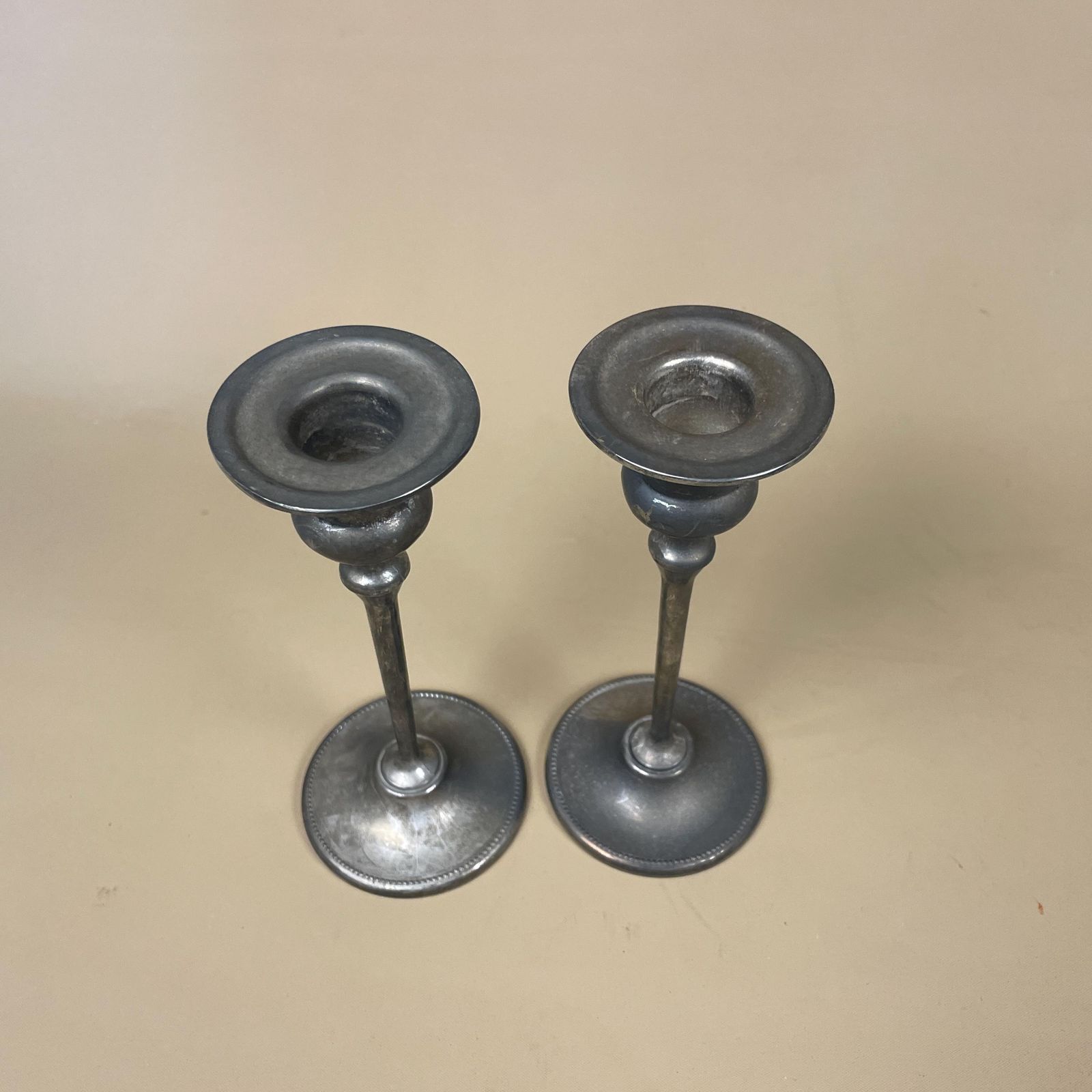 Antique Matching Pair Of Silver Plated Metal Candlestick Candle Stick Vintage Column Taper Dinner Candlesticks Set Round Aged photo vinterior