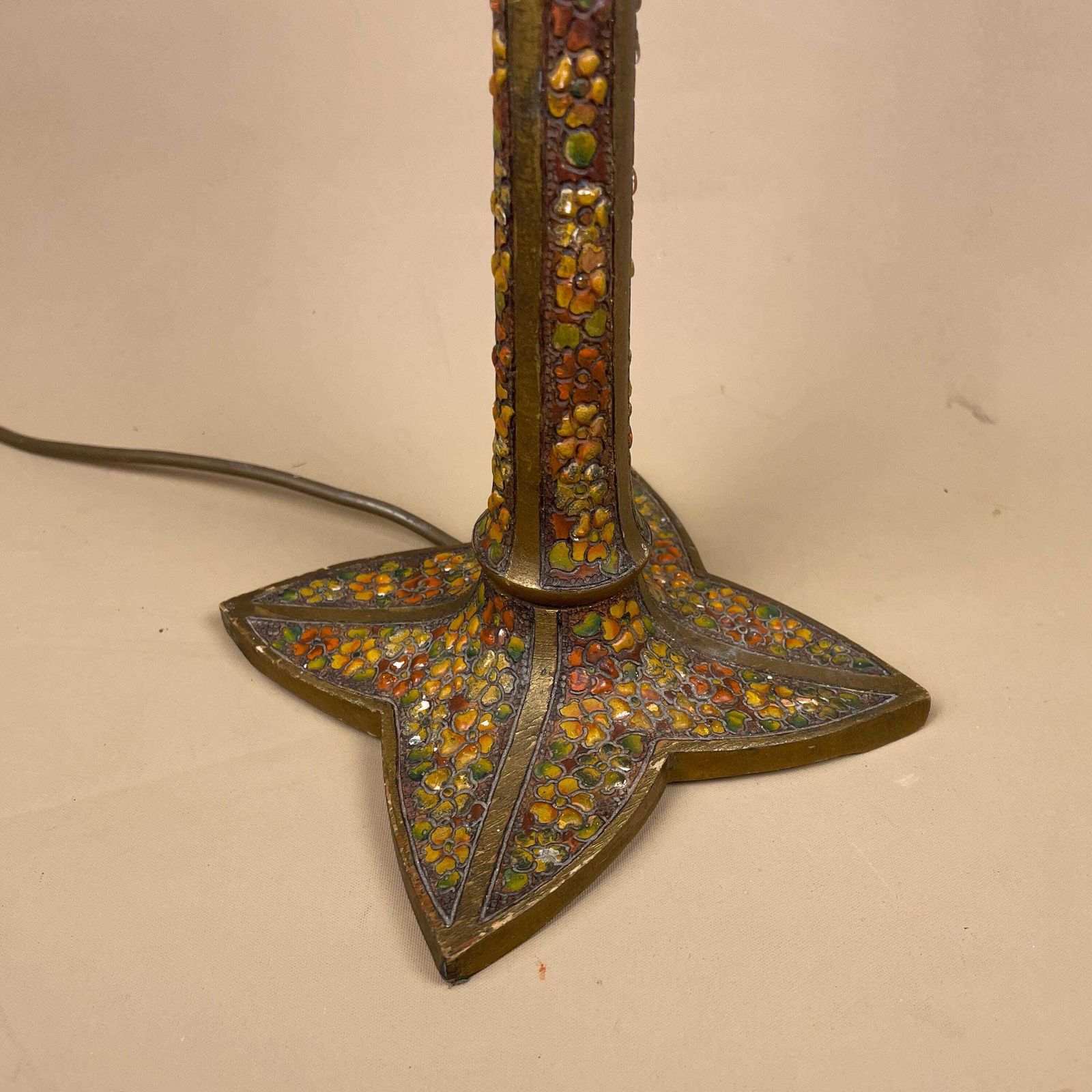 Vintage Antique Wood Lamp Wooden Light Bedside Table Hand Carved Painted Gold Farmhouse Cottage Paint Pattern Handmade Floral photo for sale