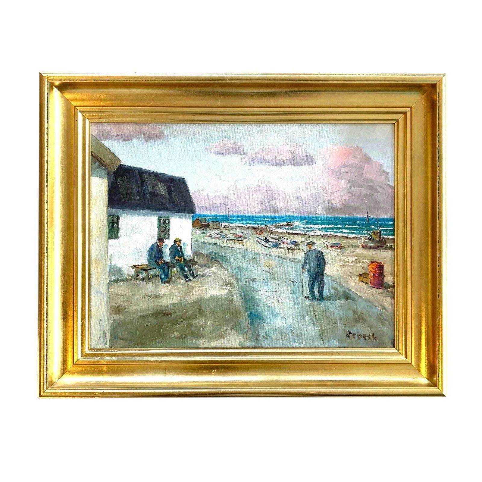 Mid Century Danish Original Vintage Oil On Canvas Signed Painting With A Small Fishing Village