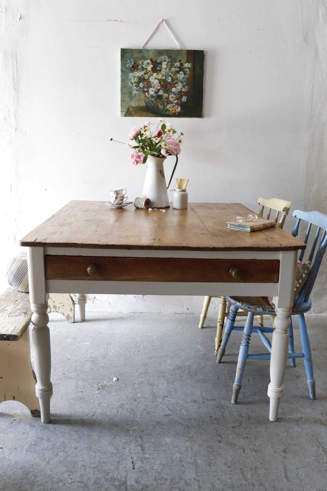 Lovely Large Rustic Pine Farmhouse Cream Painted Kitchen Table With Two Cutlery Drawers photo furniture