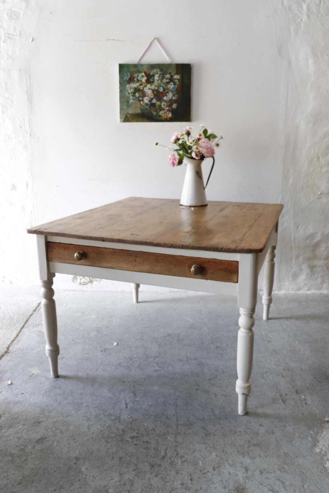 Lovely Large Rustic Pine Farmhouse Cream Painted Kitchen Table With Two Cutlery Drawers photo vintage